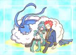  altaria blue_eyes blue_hair blush boots breasts cousins gloves gym_leader ibuki_(pokemon) pokemon pokemon_champion red_hair sleeping wataru_(pokemon) 