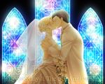  bouquet bridal_veil church dress elbow_gloves eyes_closed flower fullmetal_alchemist gloves lowres riza_hawkeye roy_mustang stained_glass tuxedo veil wedding wedding_dress window 