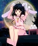  alternate_hair_length alternate_hairstyle animal_ears bad_id bad_pixiv_id barefoot black_hair bunny_ears carrot carrot_necklace dress fangs feet food full_moon holding inaba_tewi jewelry long_hair masao messy_hair mochi moon necklace night open_mouth orange_eyes pendant sitting soles solo touhou wagashi 