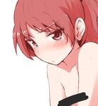  blush censored embarrassed face frown looking_at_viewer mahou_shoujo_madoka_magica nude red_eyes red_hair ryuunosuke_(luckyneco) sakura_kyouko solo sweat white_background 