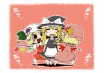  :d =_= absurdres aki_minoriko aki_shizuha apron bell_pepper blonde_hair blush_stickers bow braid branch buttons chibi closed_eyes cosplay dress flandre_scarlet flandre_scarlet_(cosplay) food frills from_behind fruit grapes hair_bow hat highres kirisame_marisa leaf long_hair multiple_girls open_mouth pepper remilia_scarlet remilia_scarlet_(cosplay) skirt smile touhou translated waist_apron wings witch_hat zannen_na_hito 