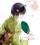  ahoge araragi_tsukihi bad_id bad_pixiv_id black_eyes black_hair checked1225 fan fried_egg from_behind hair_ornament japanese_clothes kimono leaf looking_back lowres monogatari_(series) nisemonogatari paper_fan short_hair solo uchiwa 