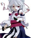  animal_ears bad_id bad_pixiv_id detached_sleeves fangs highres inubashiri_momiji japanese_clothes kinohanaomise kourindou_tengu_costume looking_at_viewer obi open_mouth sash scabbard sheath silver_hair simple_background solo sword tassel touhou weapon white_background wolf_ears 
