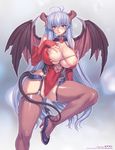  antenna_hair bare_shoulders bat_wings blue_hair blush breast_suppress breasts bridal_gauntlets brooch cameltoe comic_unreal demon_girl demon_tail detached_sleeves garter_straps high_heels highres horns huge_breasts jewelry laces leotard long_hair looking_at_viewer mogudan narrow_waist nipple_slip nipples pentagram puffy_nipples purple_eyes pussy_juice red_leotard shoes skin_tight skindentation smile solo tail thighhighs very_long_hair wings 