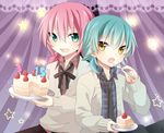  :d :o aqua_eyes aqua_hair bad_id bad_pixiv_id cake cardigan food fork fruit holding holding_fork inazuma_eleven_(series) inazuma_eleven_go izumi39 kariya_masaki kirino_ranmaru male_focus multiple_boys necktie open_mouth pink_hair plaid plaid_shirt plate ribbon shirt slice_of_cake smile star strawberry sweater twintails yellow_eyes 