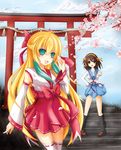  2girls blonde_hair blue_hair cherry_blossoms haruhi japanese_clothes kami-con kamicon legwear meloncholy_of_haruhi_suzumiya miko multiple_girls sakura shio shio_(kami-con) shio_kamicion shrine smile smiles stockings suzumiya_haruhi suzumiya_haruhi_no_yuuutsu temple thighhighs wind 