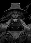  absurdres bad_id bad_pixiv_id ex frog greyscale highres looking_at_viewer monochrome moriya_suwako realistic solo touhou 