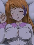  alternate_hairstyle aquarion_(series) aquarion_evol awa breasts buttons cleavage closed_eyes covered_nipples hair_down large_breasts long_hair lying mix_(aquarion) multicolored_hair on_back open_mouth orange_hair pajamas sleeping solo two-tone_hair upper_body 