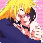  bare_shoulders black_hair blonde_hair blush choker couple hug lazy_rabbit lowres open_mouth purple_eyes rutee_katrea rutee_katret stahn_aileron tales_of_(series) tales_of_destiny 