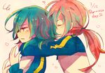  aqua_hair closed_eyes english from_side heart hug hug_from_behind inazuma_eleven_(series) inazuma_eleven_go kariya_masaki kirino_ranmaru kwsg male_focus multiple_boys pink_hair twintails yellow_eyes 