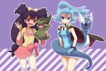  2girls axew blue_eyes blue_hair breasts cape dragonair gloves gym_leader ibuki_(pokemon) iris_(pokemon) multiple_girls open_mouth pink_eyes pokemon purple_hair smile 