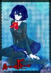  another bad_id bad_pixiv_id black_hair black_legwear bow heterochromia highres misaki_mei no_eyepatch nobusaga41 short_hair sitting skirt solo thighhighs 