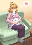  arcueid_brunestud bad_id bad_pixiv_id blonde_hair blush breasts buuboo cardigan closed_eyes couch happy heart large_breasts nail_polish pantyhose pregnant sitting solo sweater tsukihime type-moon 