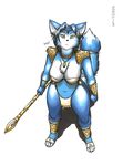  big_thighs blue_fur canine clothed clothing ear_piercing female fox fur jewelry krystal looking_at_viewer mammal meesh nintendo piercing plain_background polearm skimpy solo staff star_fox thick_thighs unconvincing_armor video_games white_background 