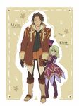  1girl alvin_(tales) blonde_hair boots brown_hair doll elize_lutus fujisaki_(pixiv729262) gloves height_difference knee_boots no_nose purple_footwear scarf sepia_background tales_of_(series) tales_of_xillia teepo_(tales) 