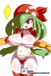  1girl absurdres alternate_hairstyle artist_name bandanna bikini breast_grab breasts breath choker clothed_pokemon collarbone cosplay cowboy_shot creatures_(company) disembodied_limb eyebrows_visible_through_hair fanny_pack female game_freak gardevoir gen_3_pokemon grabbing green_hair green_skin hair_over_one_eye haruka_(pokemon) haruka_(pokemon)_(cosplay) highres large_breasts legs_together navel nintendo nipple_tweak no_humans open_mouth patreon_logo patreon_username poke_ball_symbol poke_ball_theme pokemon pokemon_(creature) pokemon_(game) pokemon_rse red_bikini red_choker red_eyes red_legwear shiny shiny_hair simple_background skindentation solo standing swimsuit thighhighs trembling two-tone_skin watermark web_address white_background white_skin wide_hips zanatemx 