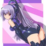  alternate_color ass bent_over black_legwear busou_shinki dd_(ijigendd) doll_joints elbow_gloves gloves long_hair looking_at_viewer looking_back ponytail purple_hair red_eyes smile solo tempesta thighhighs 