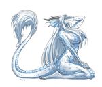  big_breasts blue_eyes breasts dagger_leonelli dragon female fur hair horn lien long_hair looking_at_viewer nude reptile scalie sitting solo tail_tuft tuft white_hair wings 
