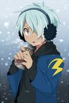  bad_id bad_pixiv_id black_eyes blue_hair can earmuffs hair_over_one_eye holding inazuma_eleven_(series) inazuma_eleven_go izumi39 kurama_norihito looking_at_viewer male_focus snowing solo 