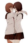  blush brown_eyes brown_hair cowboy_shot eye_contact face-to-face from_side glasses hair_in_mouth hug long_sleeves looking_at_another mouth_hold multiple_girls namori original school_uniform serafuku short_hair simple_background sweatdrop white_background yuri 