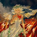  bare_shoulders blonde_hair bouquet bracelet bridal_veil bride brown_eyes cagalli_yula_athha dress fire flower gundam gundam_seed gundam_seed_destiny hand_on_own_chest heart highres jewelry light_smile short_hair solo veil wedding wedding_dress wirttian 