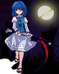  blue_eyes blue_hair full_moon geta heterochromia karakasa_obake moon red_eyes sandals scythe shinkai_no_shachi short_hair skirt sliced solo tatara_kogasa tongue tongue_out touhou umbrella 