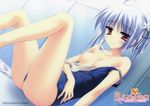  bare_shoulders blue_hair breasts brown_eyes collarbone flower hair_flower hair_ornament hair_ribbon highres legs looking_at_viewer lying matsushita_makako muroto_kanae nipples off_shoulder on_back one-piece_swimsuit ribbon sakura_bitmap school_swimsuit short_hair small_breasts smile solo swimsuit 