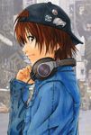  backwards_hat badge baseball_cap brown_eyes brown_hair button_badge denim denim_jacket earrings from_side hat headphones jewelry kohuseigetsu male_focus original solo 