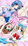  3girls animal_ears arms_up bed_sheet blonde_hair blue_eyes blue_hair bow cat_ears dress dress_lift earrings green_eyes hair_bow jewelpet_(series) jewelpet_tinkle jewelpet_twinkle jewelry looking_at_viewer lying magical_girl miria_marigold_mackenzie multiple_girls on_back open_mouth orange_eyes panties panty_pull pussy sakura_akari sara_(jewelpet) sara_(jewelpet_tinkle) short_sleeves uncensored underwear wings wrist_cuffs yami_no_kohaku 