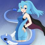  ass bare_shoulders blue_eyes blue_hair blush bracelet breasts cape dragonair gym_leader ibuki_(pokemon) jewelry open_mouth pokemon 