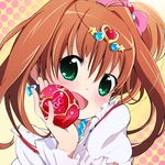  :d blush bow brown_hair circlet commentary_request earrings gold_trim green_eyes harepore heart heart_earrings holding jewelpet_(series) jewelpet_twinkle jewelry looking_at_viewer necklace open_mouth pink_bow sakura_akari smile solo tenga tenga_egg what 