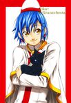  aika_granzchesta aria bad_id bad_pixiv_id black_cat blue_hair cape cat cat_focus character_name earrings himeya_company_uniform holding jewelry kohuseigetsu short_hair smile solo yellow_eyes 