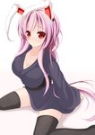  animal_ears bad_id bad_pixiv_id black_legwear blush breasts bunny_ears chimunge cleavage highres large_breasts lavender_hair long_hair red_eyes reisen_udongein_inaba sitting sleeves_past_wrists solo thighhighs touhou wariza 