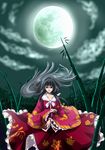  bamboo black_hair branch cloud dress full_moon highres houraisan_kaguya jeweled_branch_of_hourai long_hair moon night red_eyes sheeg sky solo touhou wind wind_lift 