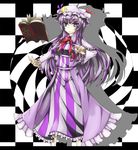  :&lt; akisome_hatsuka blue_eyes book bow capelet checkered checkered_background crescent hair_ribbon hat letterboxed long_hair patchouli_knowledge pentagram purple_hair ribbon silhouette solo touhou 