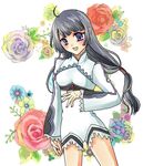  1girl ahoge black_hair blue_eyes blush breasts flower frills kohak_hearts long_hair open_mouth tales_of_(series) tales_of_hearts 