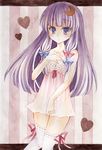  blush breasts cleavage covering covering_crotch crescent crescent_hair_ornament hair_ornament hair_ribbon hand_on_own_chest heart kagome_f letterboxed lingerie long_hair negligee no_hat no_headwear patchouli_knowledge purple_eyes purple_hair ribbon see-through small_breasts solo thighhighs touhou traditional_media underwear underwear_only watercolor_(medium) white_legwear zettai_ryouiki 