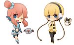  ;d blonde_hair blue_eyes chibi emolga fuuro_(pokemon) gen_5_pokemon hand_on_hip headphones kamitsure_(pokemon) kofa_(ikyurima) looking_at_viewer multiple_girls navel one_eye_closed open_mouth pantyhose pink_hair pokemon pokemon_(creature) pokemon_(game) pokemon_bw simple_background smile standing suspenders white_background woobat 