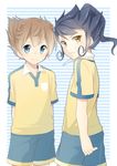  arms_behind_back bad_id bad_pixiv_id blue_eyes blue_hair brown_eyes brown_hair inazuma_eleven_(series) inazuma_eleven_go izumi39 male_focus matsukaze_tenma multiple_boys raimon raimon_soccer_uniform shorts soccer_uniform sportswear striped striped_background tsurugi_kyousuke 