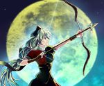  aiming arrow bad_id bad_pixiv_id bow_(weapon) braid corset drawing_bow dress full_moon hat holding holding_arrow holding_bow_(weapon) holding_weapon long_hair moon nr_(cmnrr) outstretched_arm profile silver_hair solo touhou upper_body weapon yagokoro_eirin 