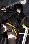  belt black_hair black_legwear boots clenched_teeth full_moon holding hood jacket lena_(zoal) long_hair lowres moon night outdoors shaded_face smile solo sword sword_girls teeth thighhighs weapon 