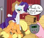  anal applejack_(mlp) barn blush dialog dildo double_dildo english_text equine female feral friendship_is_magic hair hat horn horse lesbian mammal my_little_pony pinkie_pie_(mlp) pony pussy rarity_(mlp) sex_toy stopwatch tears text tiarawhy unicorn 