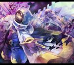  belt belt_buckle brown_hair buckle cape foreshortening gears gloves hood hoodie jacket janis_(hainegom) jumpsuit kirby kirby_(series) magolor multiple_boys outstretched_hand pants personification pink_hair space star star_(sky) yellow_eyes 