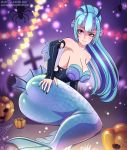  2018 armwear black_nails blue_hair breasts cleavage clothed clothing colored_nails draltruist elbow_gloves equestria_girls female food fruit gloves hair jack_o_lantern marine merfolk my_little_pony pumpkin purple_eyes solo sonata_dusk_(eg) 