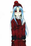  bespectacled blue_hair bobblehat glasses hands_in_pockets hat kohuseigetsu len long_hair melty_blood mouth_hold pointy_ears red_eyes scarf solo traditional_media tsukihime winter_clothes 