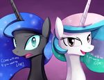  black_fur blue_eyes blue_hair cute dialog duo english_text equine female feral friendship_is_magic fur hair horn horse long_hair looking_at_viewer mammal multi-colored_hair my_little_pony negativefox nightmare_moon_(mlp) open_mouth pegasus pink_eyes pony princess princess_celestia_(mlp) princess_luna_(mlp) purple_background royalty sibling sisters slit_pupils teal_eyes text unicorn white_fur winged_unicorn wings 