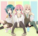  afuro_terumi androgynous aqua_eyes aqua_hair argyle argyle_legwear bad_id bad_pixiv_id blonde_hair bow bowtie crossdressing crossover cup doughnut drinking drinking_straw eating food highres holding inazuma_eleven inazuma_eleven_(series) inazuma_eleven_go izumi39 kirino_ranmaru kneehighs looking_at_viewer male_focus mary_janes mistorene_callus multiple_boys otoko_no_ko pantyhose pink_eyes pink_hair red_eyes shoes shorts sitting sweater_vest thighhighs twintails 