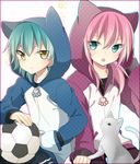  androgynous aqua_eyes aqua_hair bad_id bad_pixiv_id border cat hood hoodie inazuma_eleven_(series) inazuma_eleven_go izumi39 kariya_masaki kirino_ranmaru male_focus multiple_boys outline pink_hair twintails yellow_eyes 