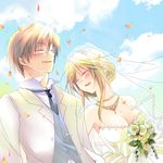  1girl bare_shoulders blonde_hair blush bouquet breasts bridal_veil bride brown_hair cleavage cloud couple day dress flower formal hetero hibiki_mio higurashi_no_naku_koro_ni jewelry large_breasts long_hair necktie open_mouth petals sky smile suit takano_miyo tomitake_jirou veil wedding wedding_dress 