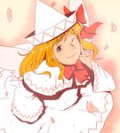  bad_id bad_pixiv_id blonde_hair bow cherry_blossoms dress hair_bow hat lily_white long_hair nawo_(peace) one_eye_closed petals ribbon smile solo touhou wings 